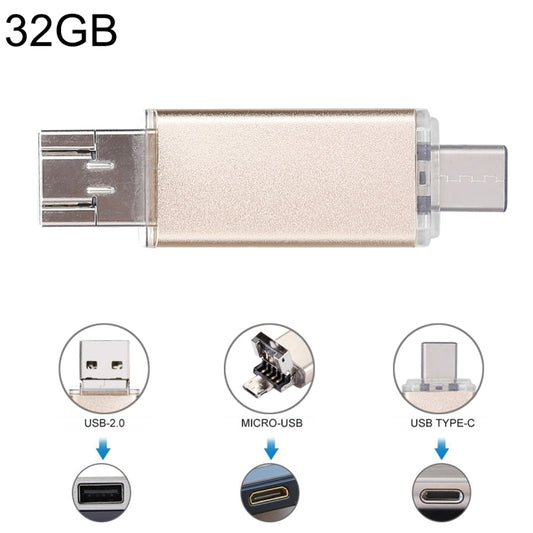 32GB gold USB flash drive with USB-A plug and Type-C connector, compact metal body