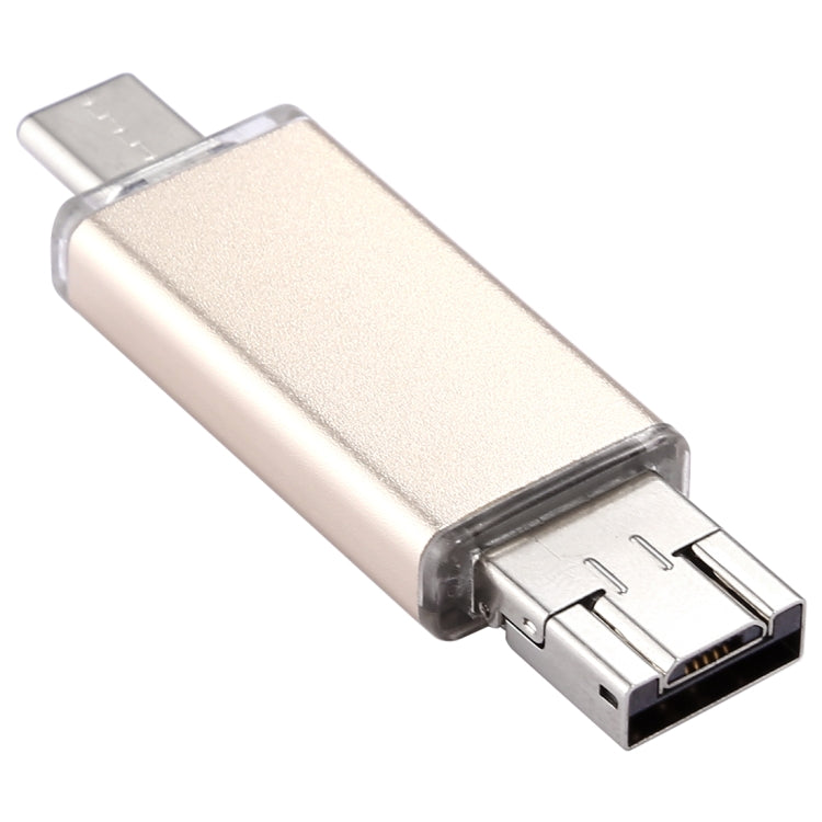 Gold 32GB USB flash drive with USB-A end and Type-C plug, clear protective caps