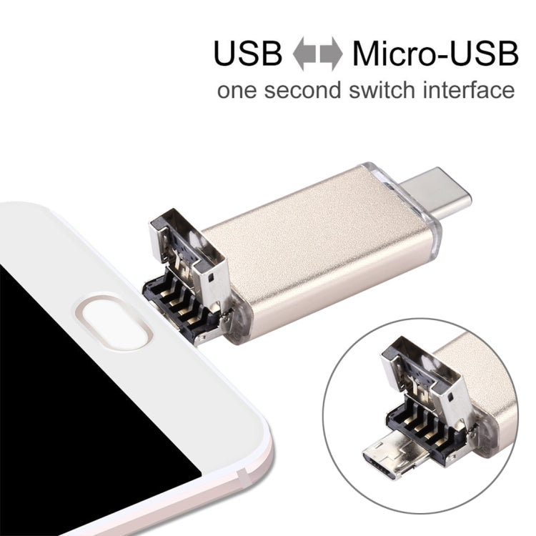 Gold 32GB USB flash drive adapter with Micro-USB connector and USB-A plug