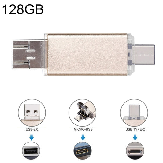 128GB USB flash drive with USB-A to Type-C connectors, gold color