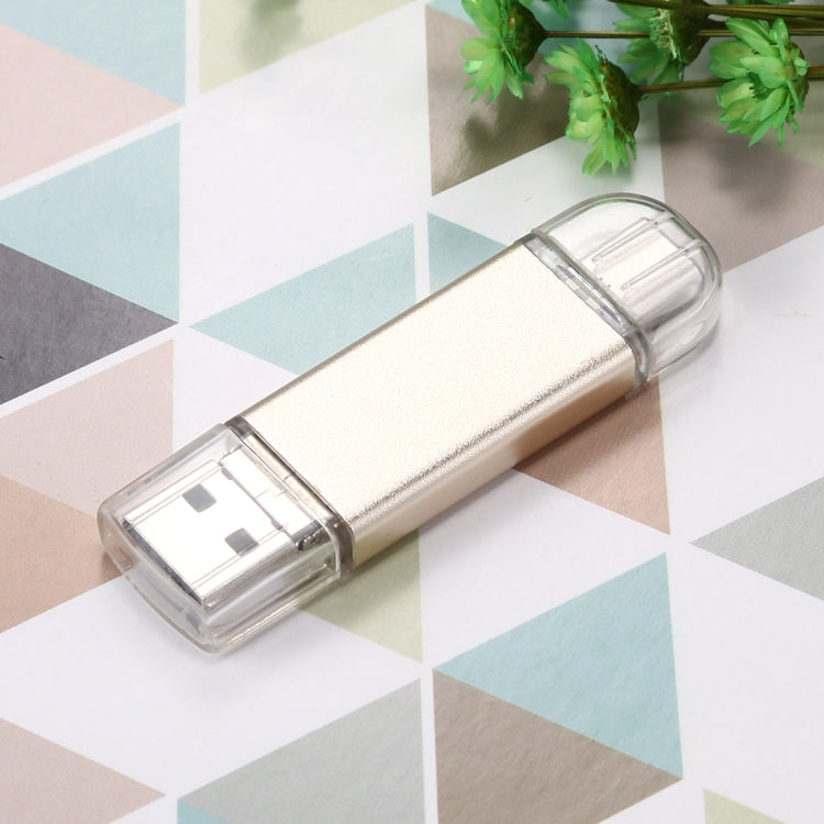 Gold 128GB USB flash drive with clear protective housing, Type-C end visible