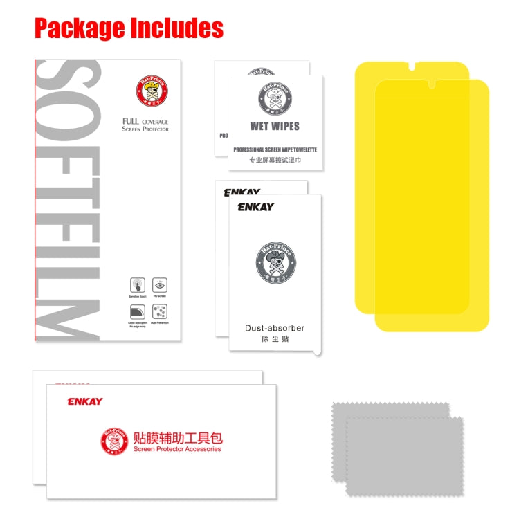 ENKAY screen protector package includes 2 films, wet wipes, dust absorber, tools
