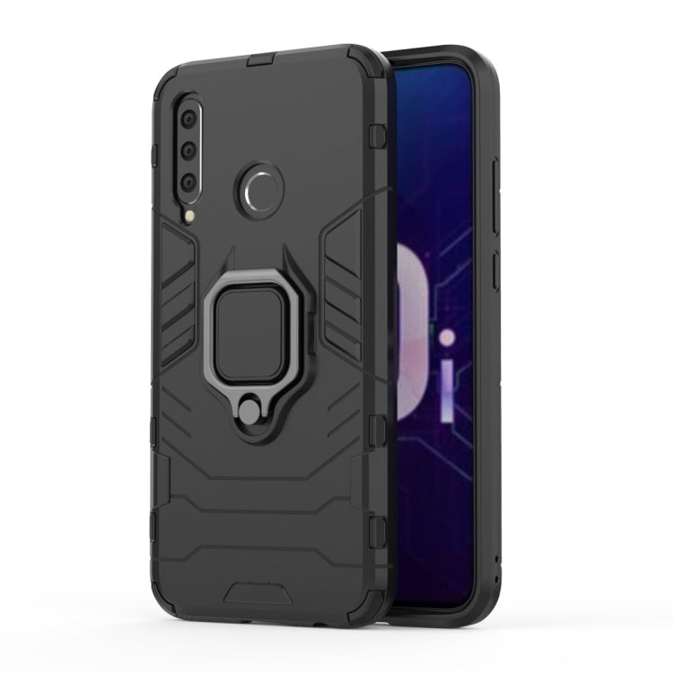 Rugged black phone case with magnetic ring holder, raised edges, and camera cutouts
