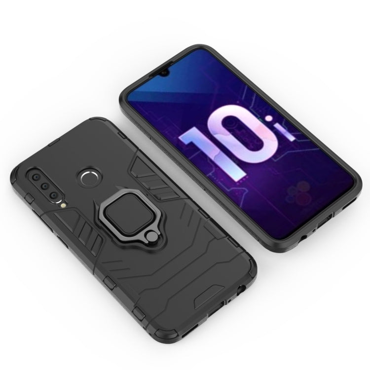 Black rugged phone case with magnetic ring holder, shown from front and back angles