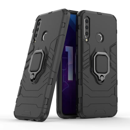 Rugged black phone case with magnetic ring holder, side profile and back panel detail