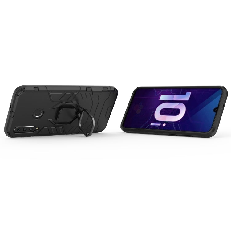 Rugged black phone case with magnetic ring holder and kickstand, front and back views