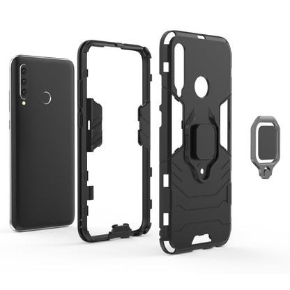 Rugged black protective phone case with magnetic ring holder, open frame and rear shell
