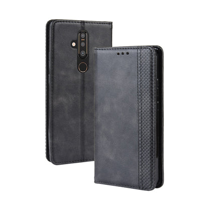 Black horizontal flip leather phone case with magnetic closure, card holder, and photo frame