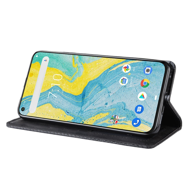 Dark flip leather phone case with stand, showing front cover folded back