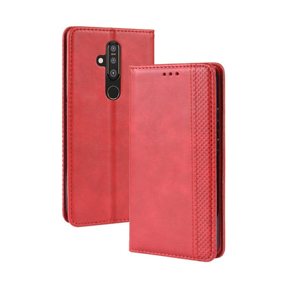 Red folio flip leather case with magnetic closure and phone camera cutout