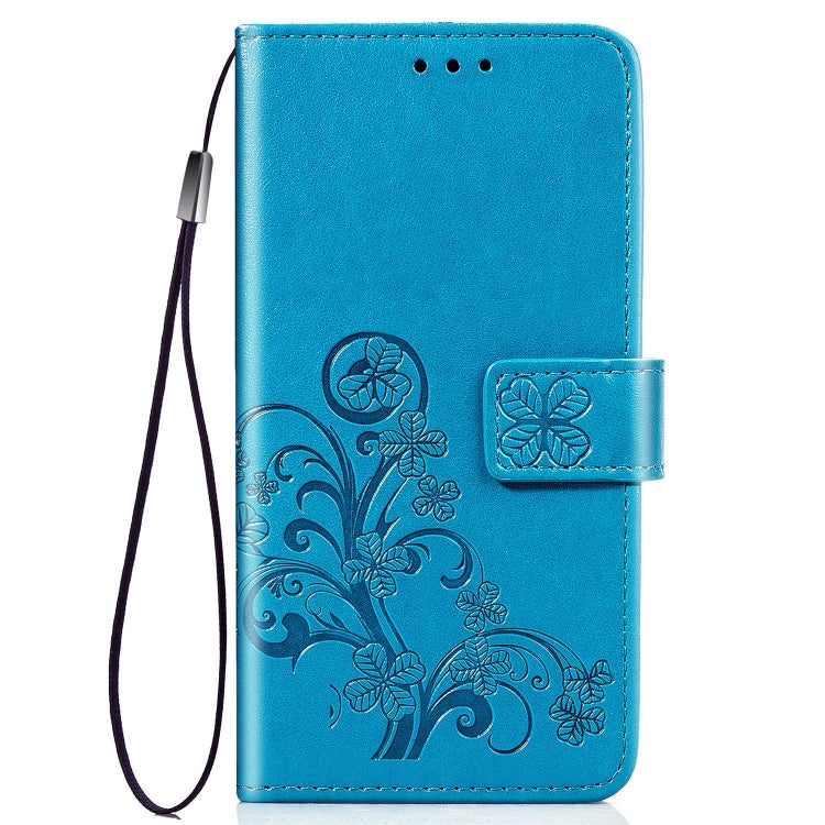 Blue floral embossed phone wallet case with wrist strap and snap card holder.