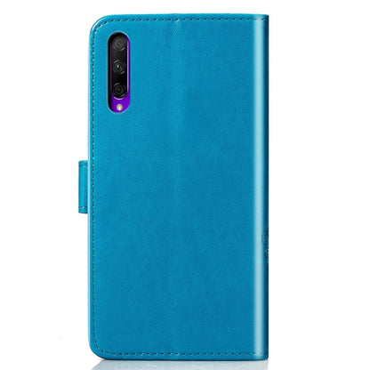Blue phone wallet case back with camera cutout and smooth cover panel.
