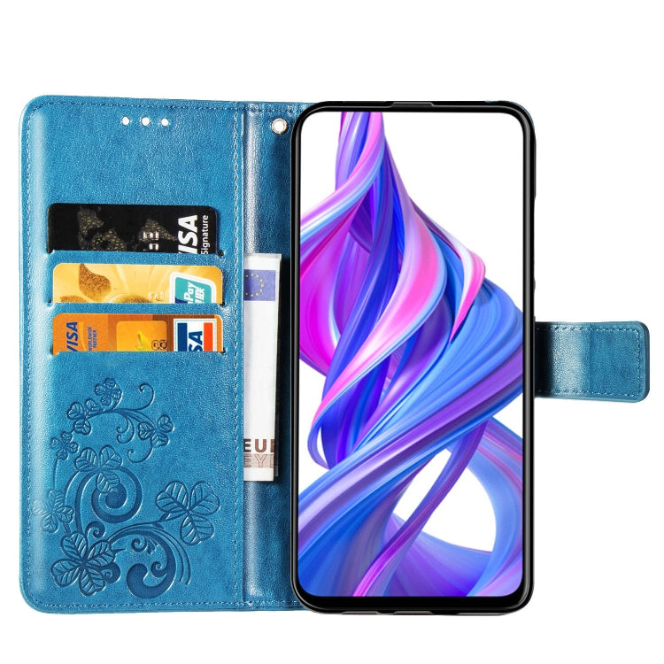 Blue embossed floral phone wallet case open view with card slots and strap.