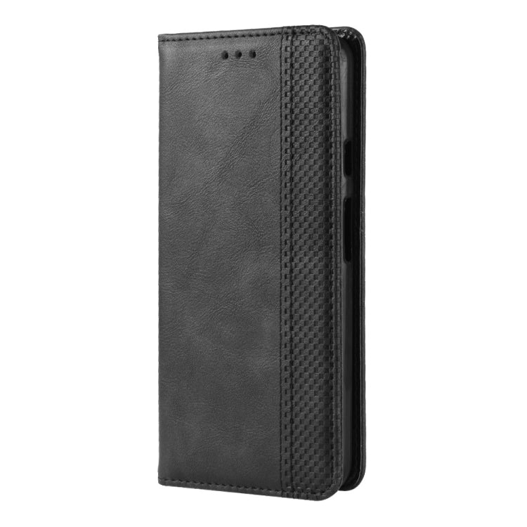Black leather flip phone case with magnetic buckle, side profile