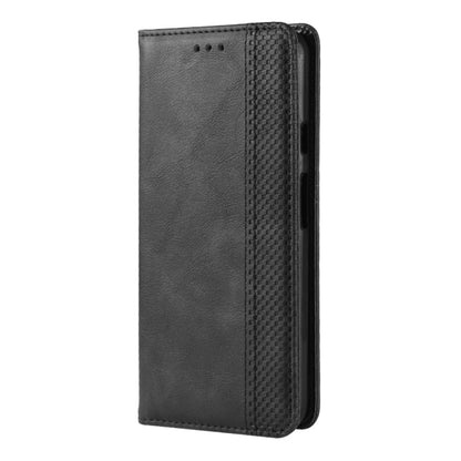 Black leather flip phone case with magnetic buckle, side profile