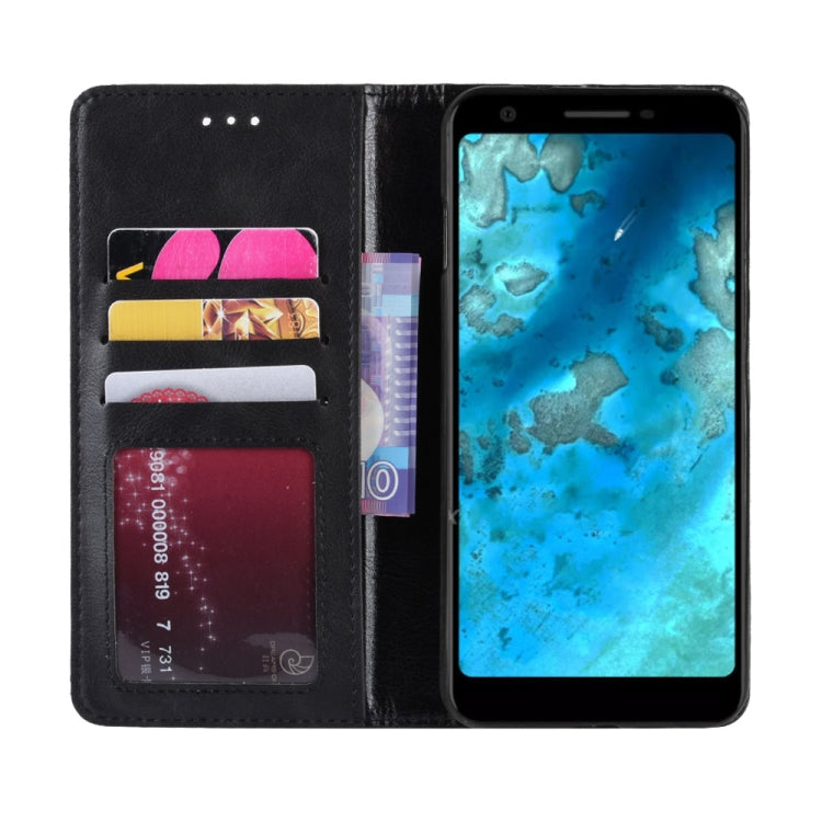 Black leather wallet phone case with card slots and photo window, open view