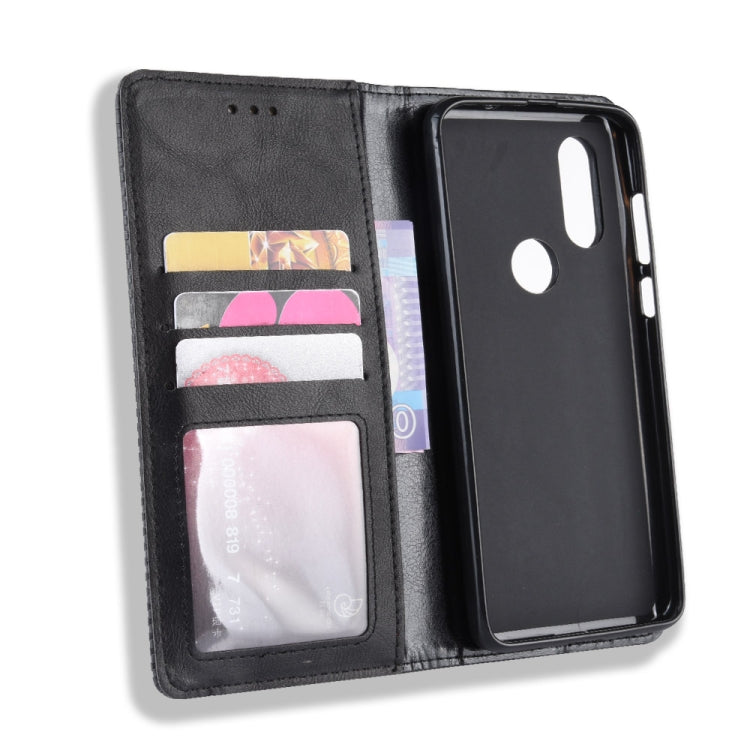 Black leather flip case open view with card slots and photo window pocket