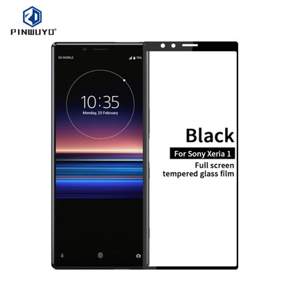 Full screen tempered glass film for Sony Xperia 1, black, applied on phone display