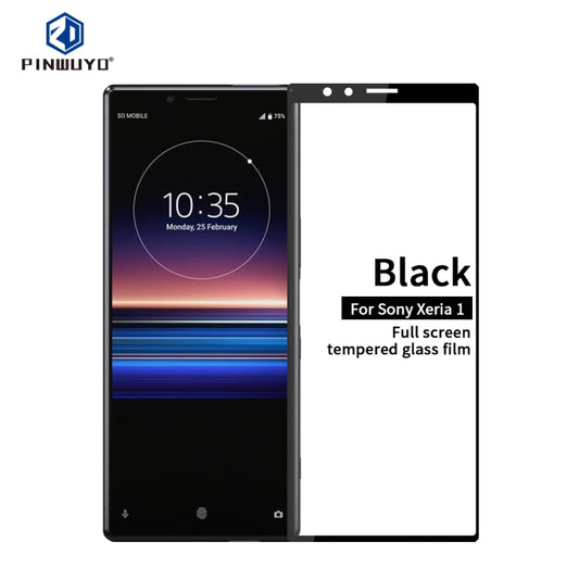 Full screen tempered glass film for Sony Xperia 1, black, applied on phone display
