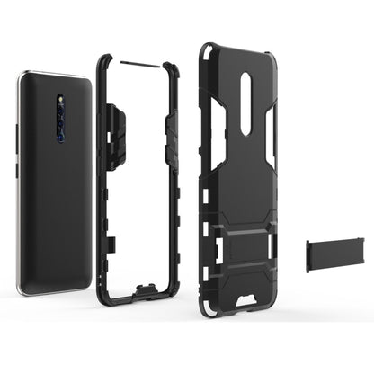 Shockproof PC + TPU phone case with holder, black with cutouts and mounting support