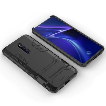 Shockproof PC + TPU phone case with holder, black rugged shell with raised protection
