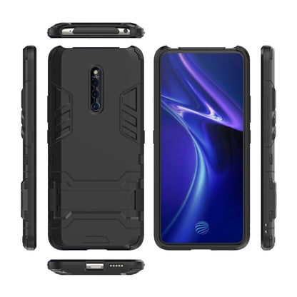 Shockproof PC + TPU phone case with holder, black all-sides view with port access