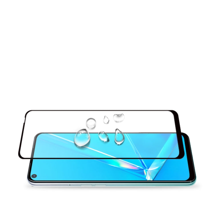 Tempered glass screen protector film for Oppo A92, top view with water droplets