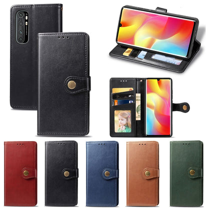 Black leather wallet phone case with card slots, photo window, and magnetic buckle closure