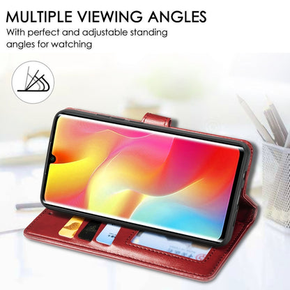 Red flip wallet phone case standing in viewing position with card slots