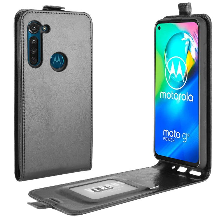 Gray leather vertical flip phone case with card pockets and strap; phone in holder