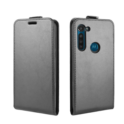 Gray leather vertical flip phone case with camera cutout; front and back views