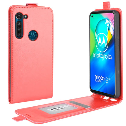 Red leather vertical flip phone case with card pocket and camera cutout; phone shown