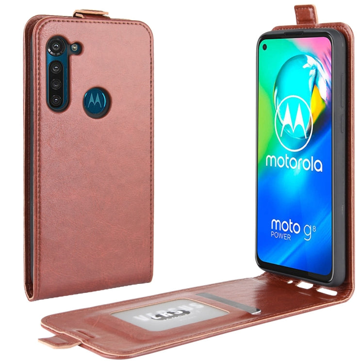 Brown leather vertical flip phone case with card pocket and camera cutout; phone shown