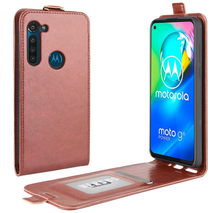 Brown leather vertical flip phone case with card pocket and camera cutout; phone shown