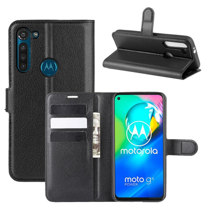 Black litchi texture Motorola Moto G8 Power flip case with card slots and phone holder
