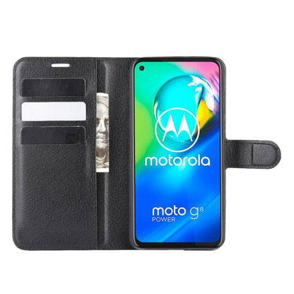 Black litchi texture flip wallet case with front cover closed over Moto G8 Power