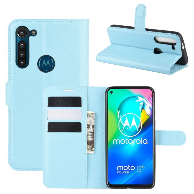 Light blue litchi texture flip wallet phone case with card slots and stand holder