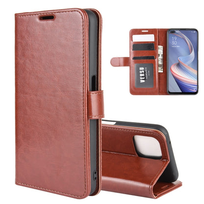 Brown flip phone wallet case with card slots and holder, shown with phone front view.