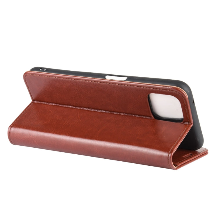Brown flip phone case with horizontal stand angle and front cover card holder.