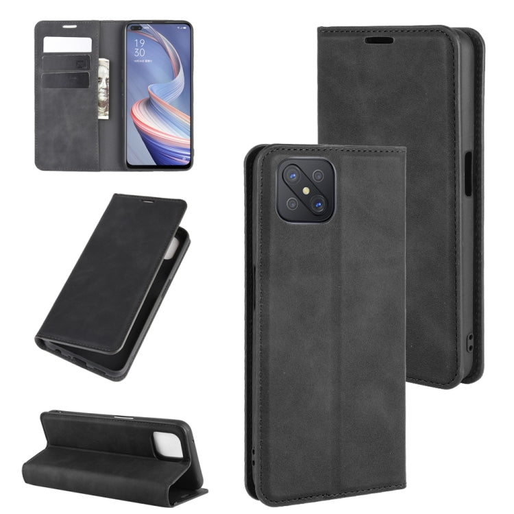 OPPO A92s leather magnetic wallet case with card slots and side holder, black