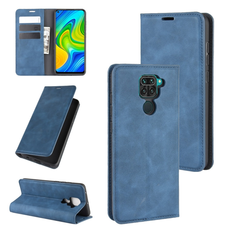 Blue leather phone wallet case with magnetic flap, card slots, and stand