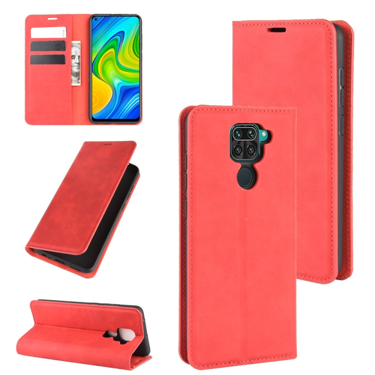 Red leather phone wallet case with magnetic flap, card slots, and stand