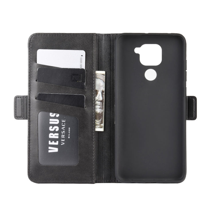 Magnetic flip leather wallet case with card holder slots, black, open view.