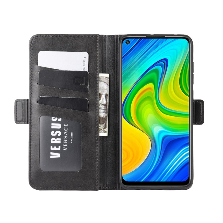 Magnetic flip leather wallet phone case with card slots, black, with smartphone installed.