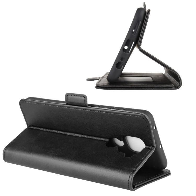 Magnetic flip leather phone case with stand view, black, back and front angles.