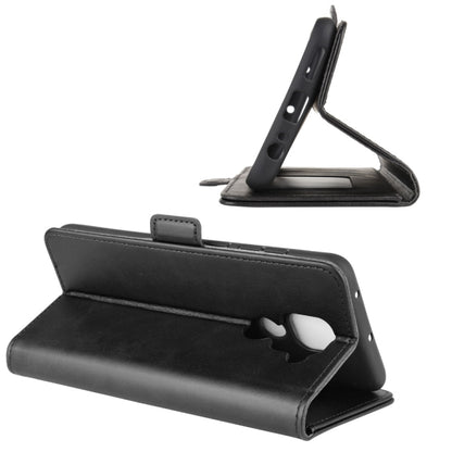 Magnetic flip leather phone case with stand view, black, back and front angles.
