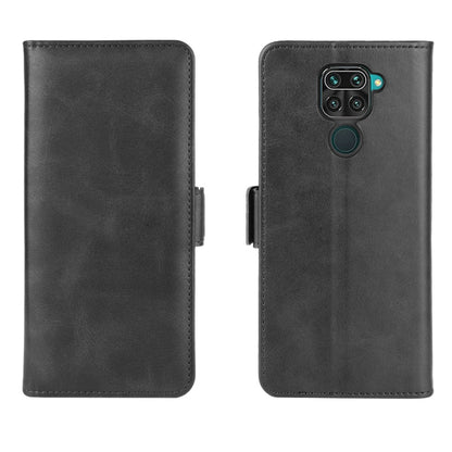 Magnetic flip leather phone case, black, front and back with camera cutout.