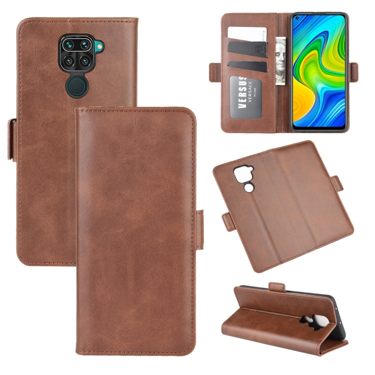 Brown leather magnetic flip phone wallet case with card slots and kickstand
