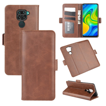 Brown leather magnetic flip phone wallet case with card slots and kickstand