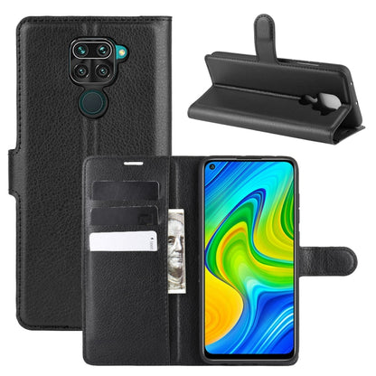Black litchi-texture flip wallet phone case with card slots and stand for Redmi Note 10X 4G